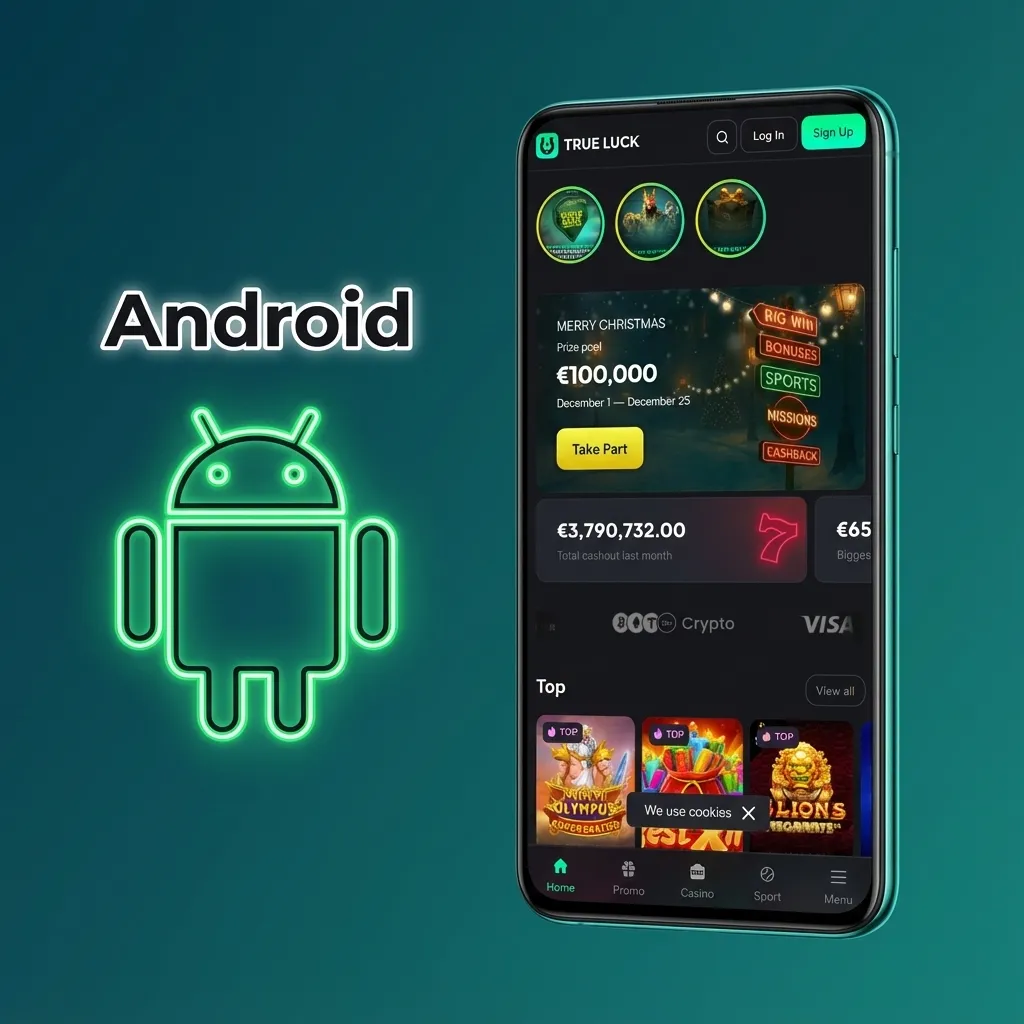 Οθόνη Android με το λογότυπο TrueLuck Afflinkers Greece και οδηγίες λήψης και εγκατάστασης APK από την επίσημη σελίδα