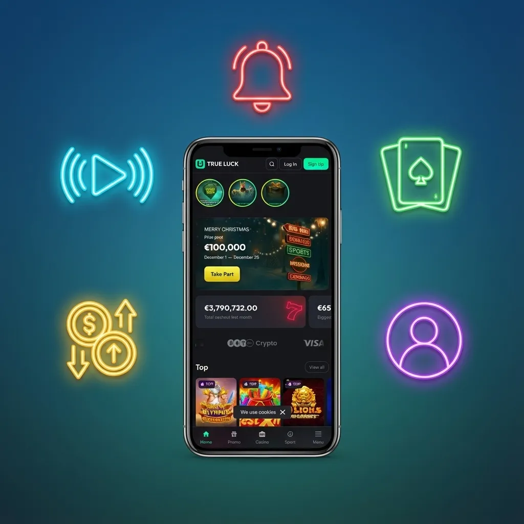 Illustrated TrueLuck app screens showing Irish sports betting, live odds, casino games, payments, and account controls on mobile