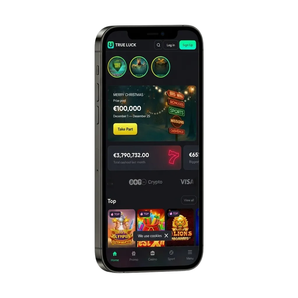 iPhone showing TrueLuck (Afflinkers) Ireland casino and sportsbook app with bonus offers and slots and sports icons