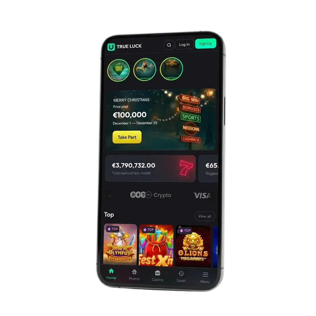 Smartphone mit TrueLuck (Afflinkers) App, Sportwetten- und Casino-Angebote, Bonusaktionen und Zahlungslogos sichtbar