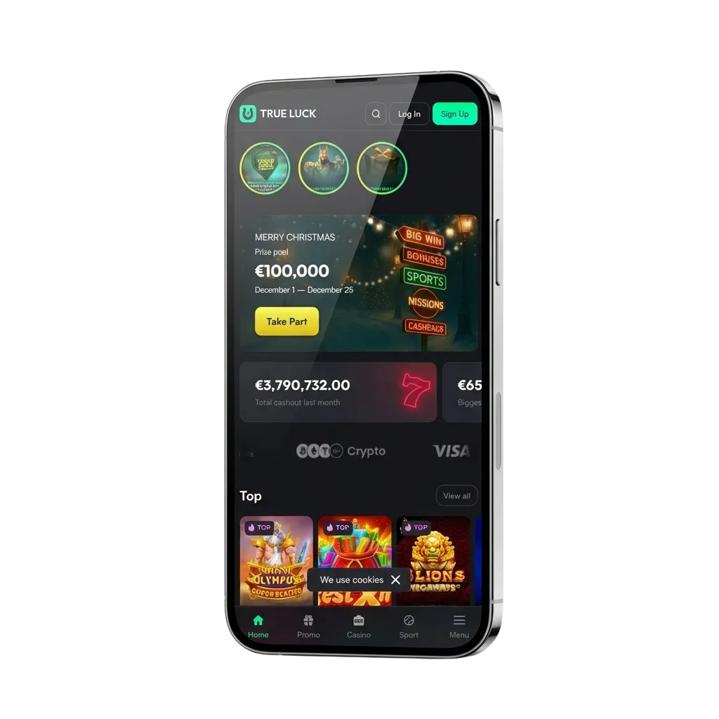 Screenshot der TrueLuck (Afflinkers) iOS-App mit Casino- und Sportwetten-Angeboten und erwähntem deutschen Willkommensbonus