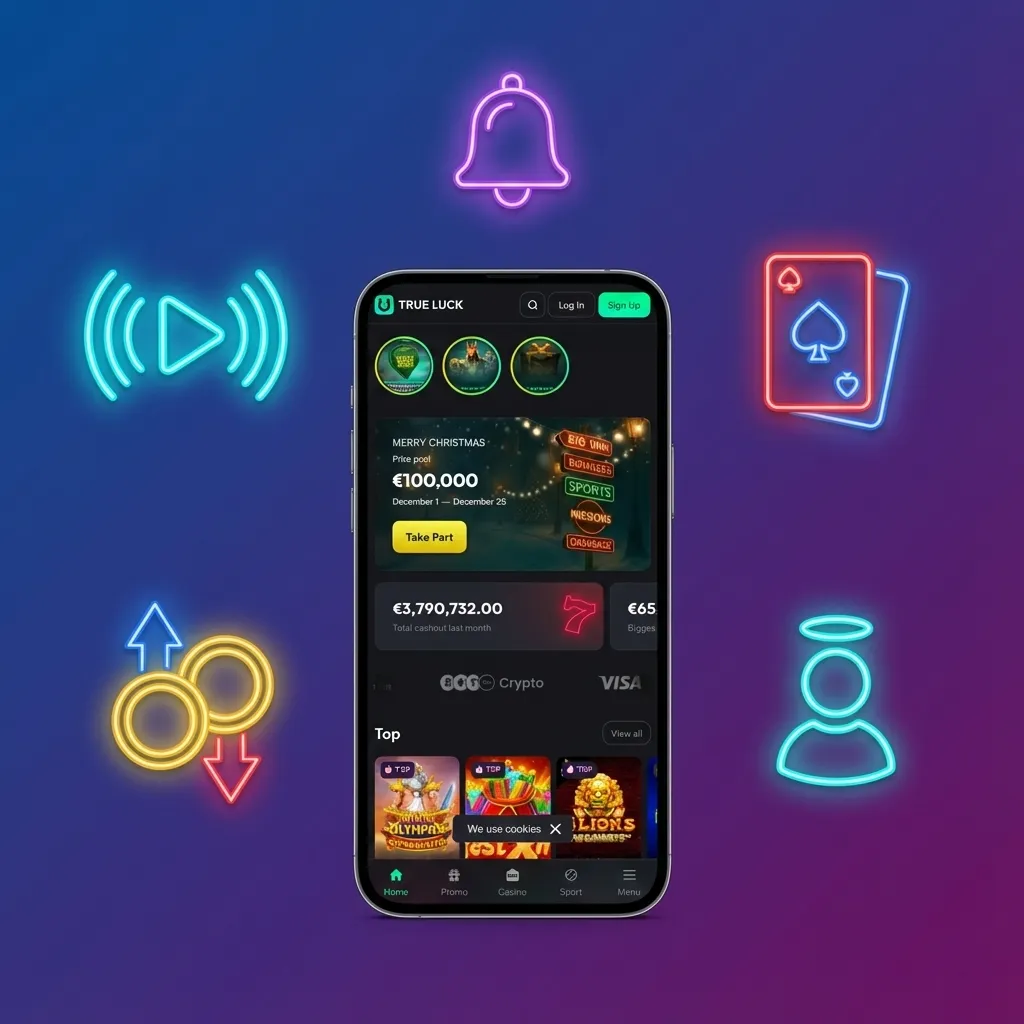 Smartphone met TrueLuck-appscherm: casino- en sportweddenlobby met saldo, bonussen, live odds en navigatieknoppen zichtbaar.