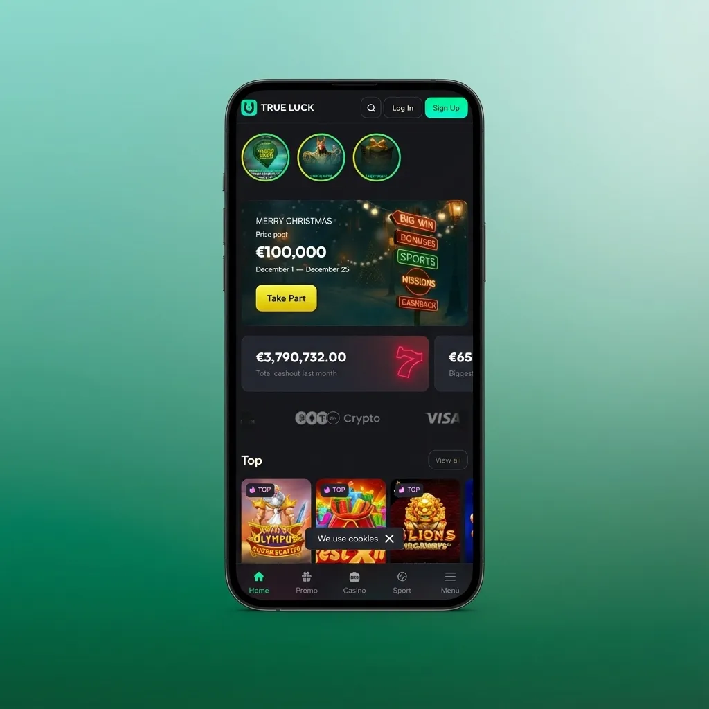 TrueLuck (Afflinkers) mobiele web-app met grote knoppen en onderin menu voor snelle toegang tot casino, sport en saldo