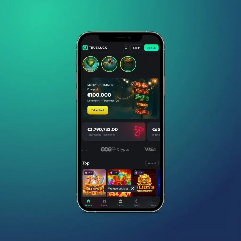 TrueLuck (Afflinkers) dark-themed mobile app screen with large buttons for Casino, Live Casino, and Sports betting options