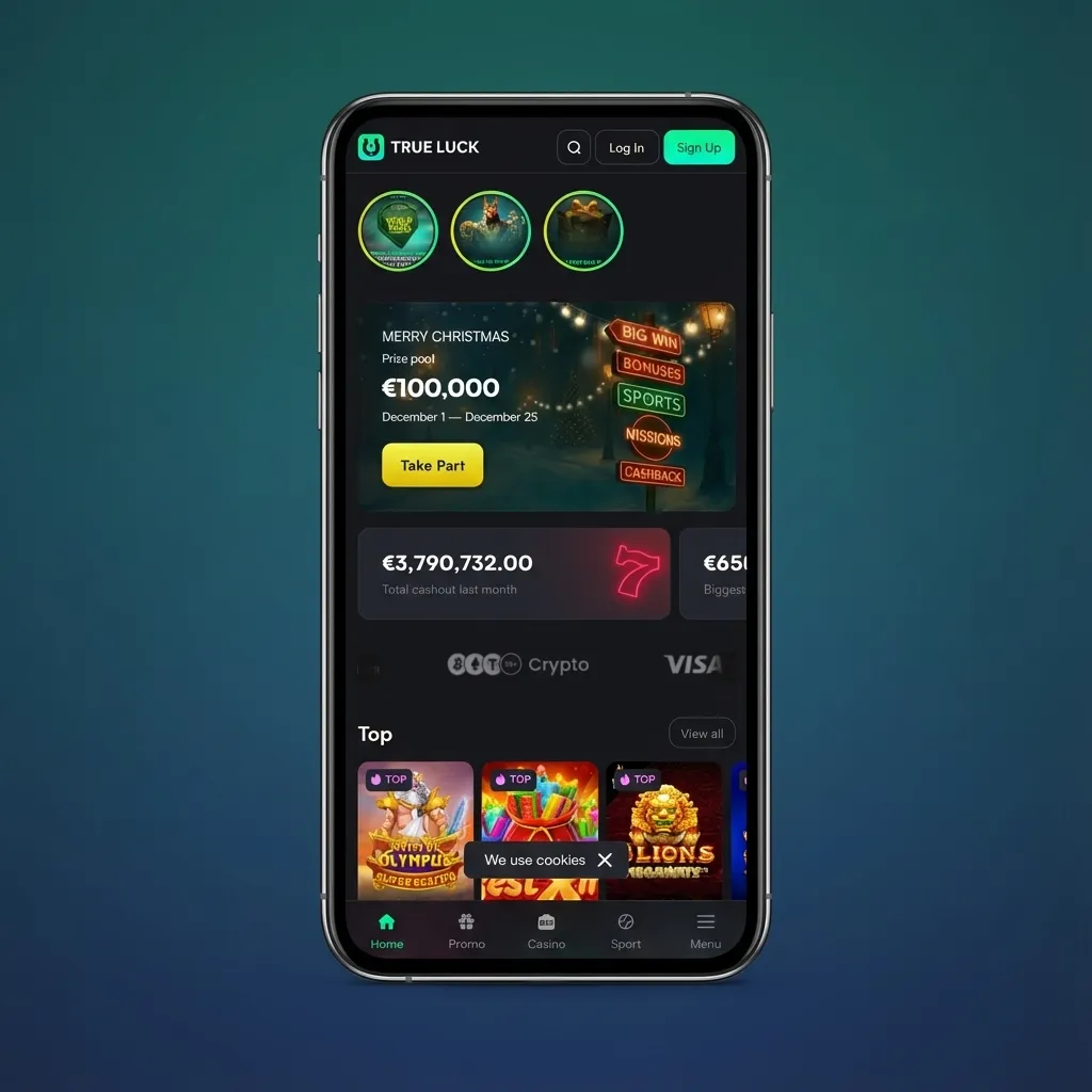 TrueLuck (Afflinkers) App-Oberfläche mit großen Buttons und klaren Menüs für Slots, Live-Tische und Sportwetten