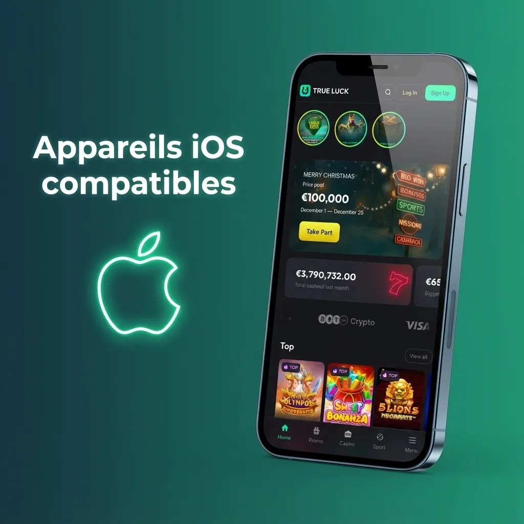 Infographic titled “Appareils iOS compatibles” showing recent iPhone and iPad models that support TrueLuck (Afflinkers)