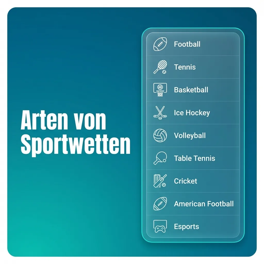 Sportwetten-Webseite mit Symbolen für Fußball, Tennis, Basketball, Eishockey und Handball plus Wettoptionen und Quoten