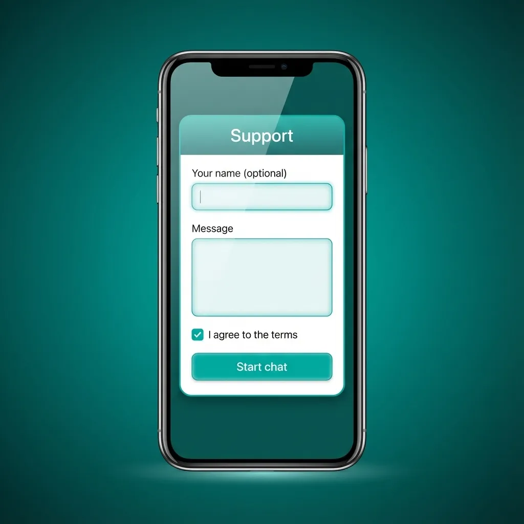 Ilustración de atención al cliente TrueLuck en móvil, chat en vivo y correo de soporte para dudas de registro y pagos