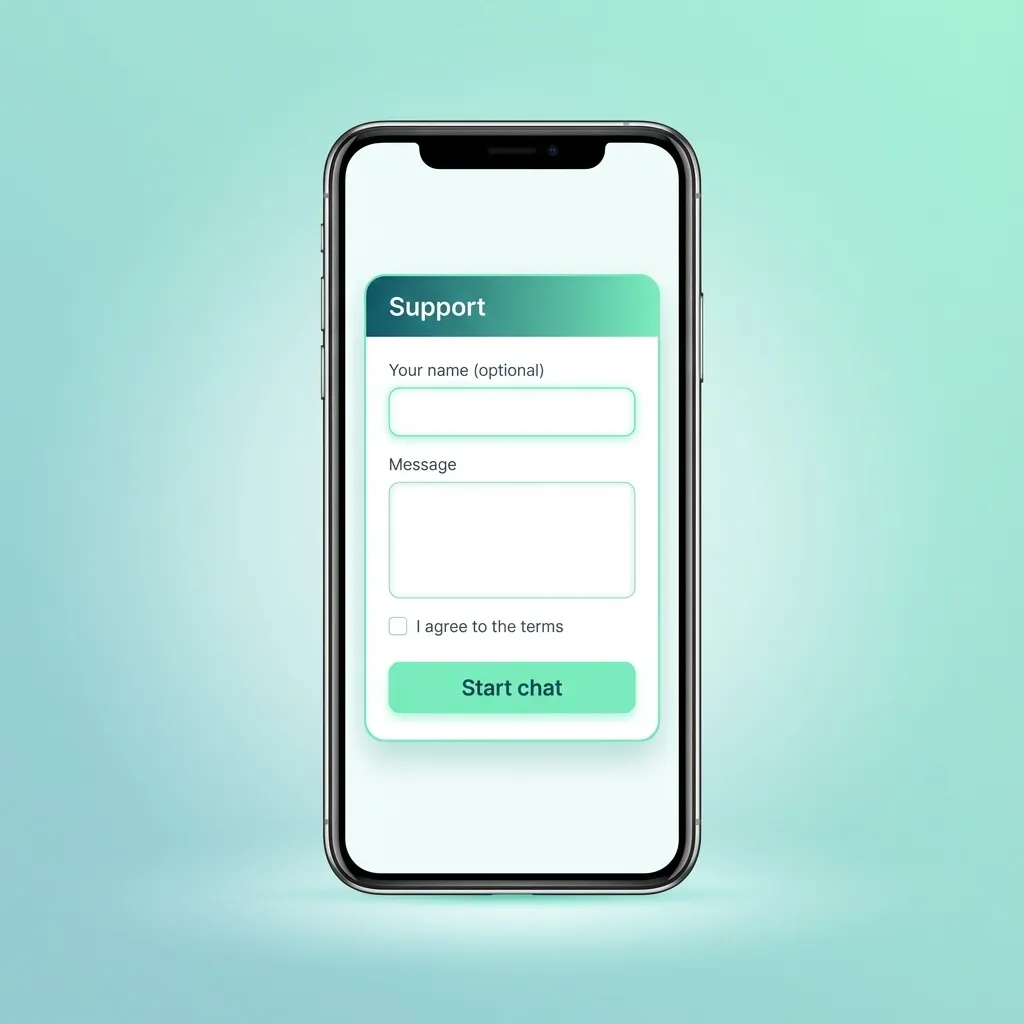 Ilustración de atención al cliente móvil con chat, email y formulario para soporte TrueLuck (Afflinkers).