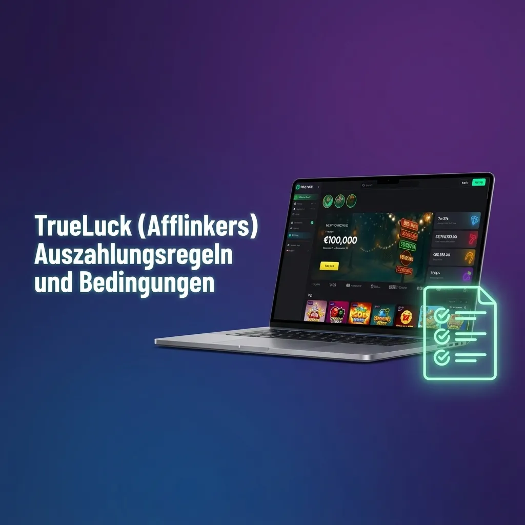 Infografik zu TrueLuck Auszahlungsregeln: KYC, gleiche Zahlungsmethode, Limits, Bearbeitungszeit und Bonusbedingungen