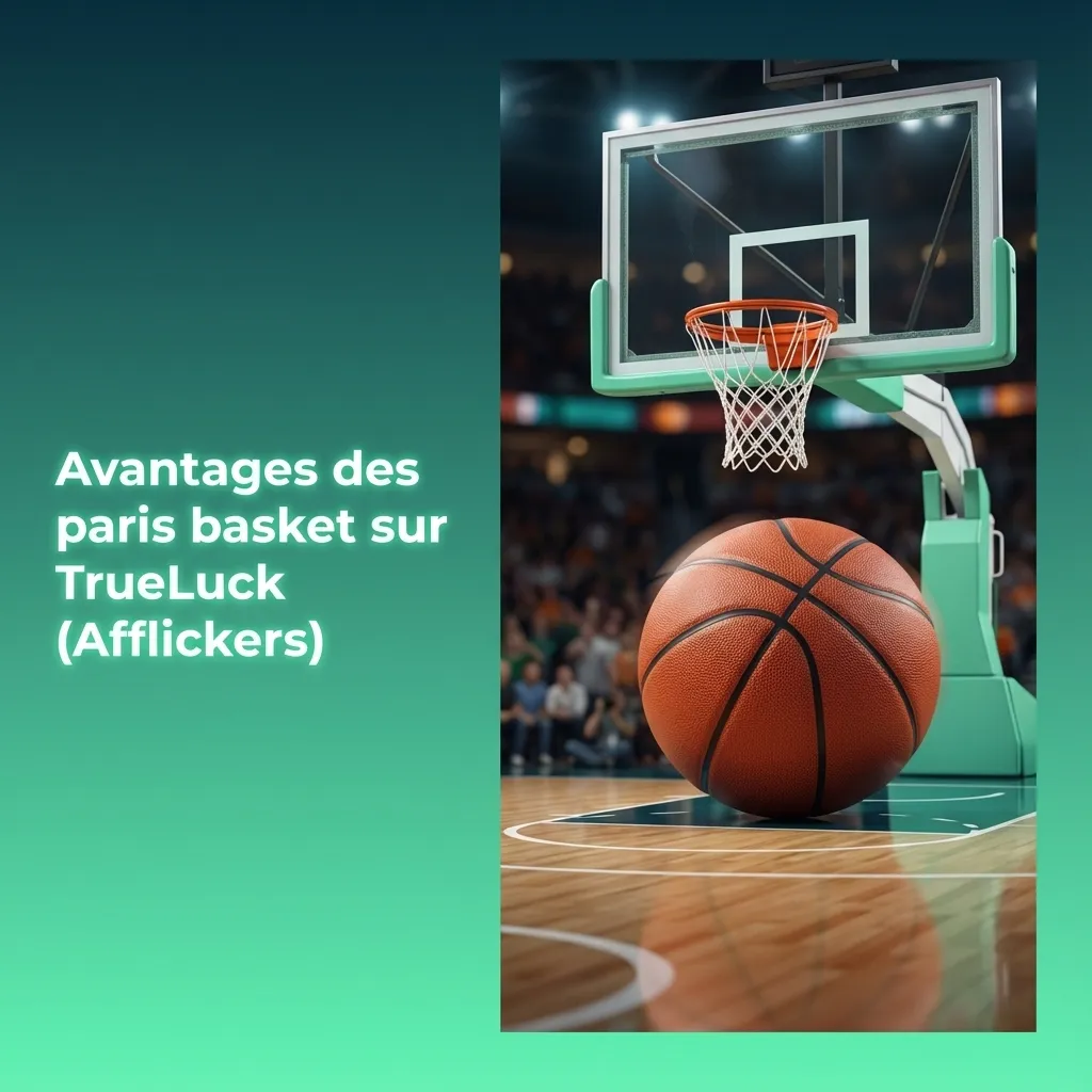 Bannière TrueLuck Afflickers vantant les avantages des paris basket, avec icônes de cotes, cashout, stats et support client