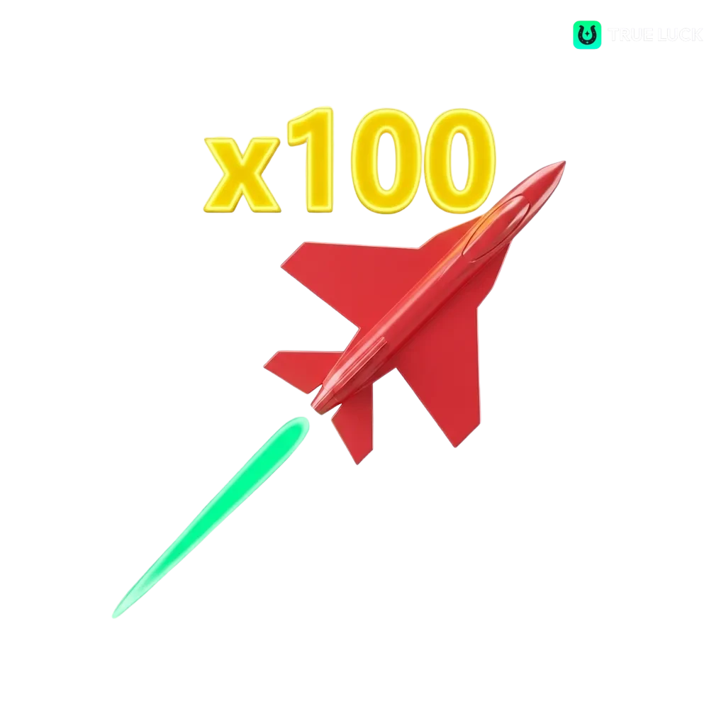 Rood vliegtuig stijgt in Aviator crash game bij TrueLuck, met groeiende multiplier en gokker die op tijd wil uitstappen