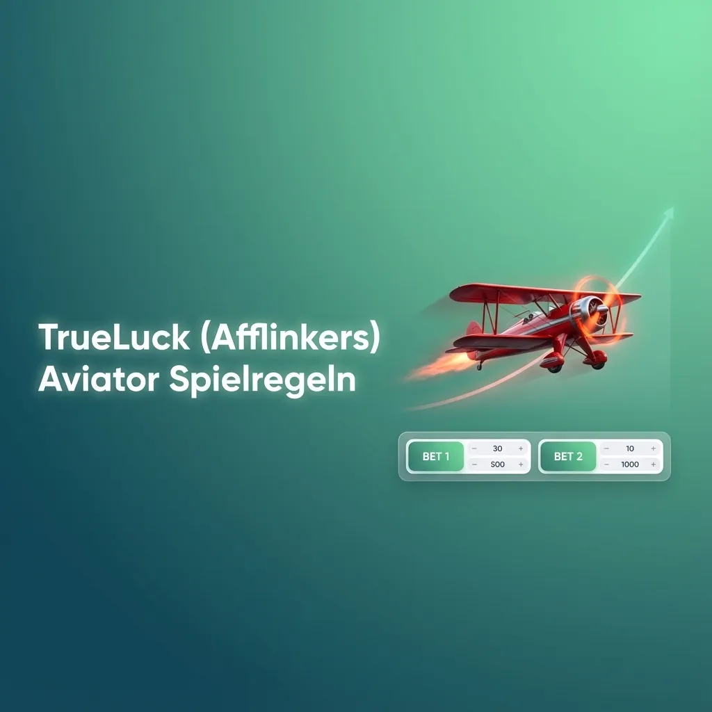 Grafik zu TrueLuck Aviator Spielregeln mit rotem Flugzeug, steigendem Multiplikator und Hinweisen zu Einsatz und Cashout