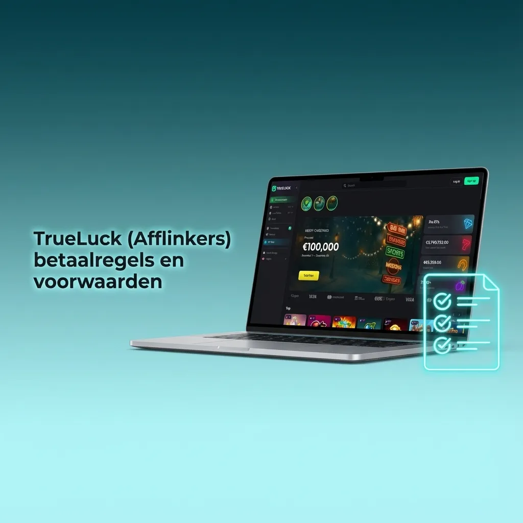 Infographic in Dutch outlining TrueLuck (Afflinkers) betaalregels, KYC-verificatie, limieten en bonusvoorwaarden