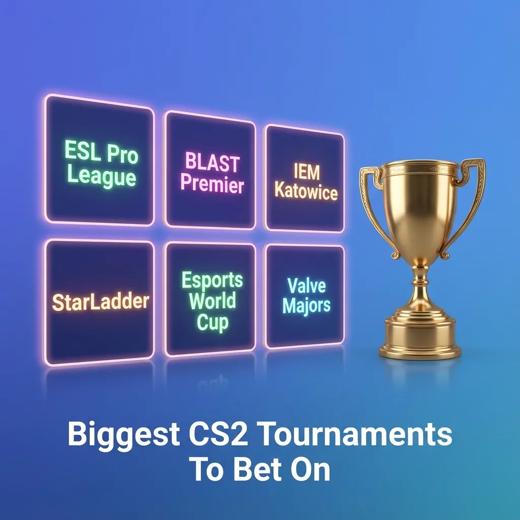 Graphic listing major CS2 tournaments to bet on, including Valve Majors, ESL Pro League, IEM Katowice, and BLAST Premier