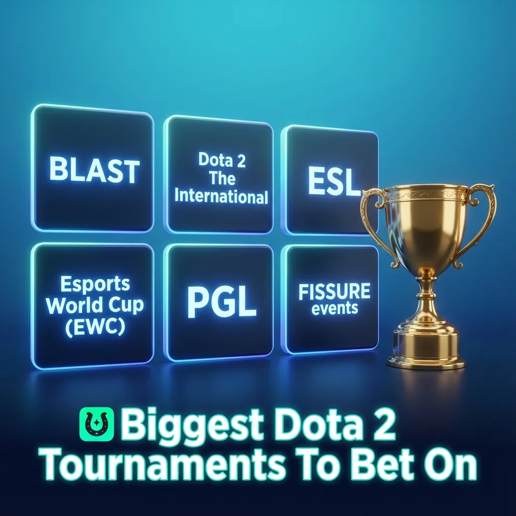 Graphic of major Dota 2 tournaments for betting, listing TI, BLAST, ESL, EWC, PGL, and FISSURE events