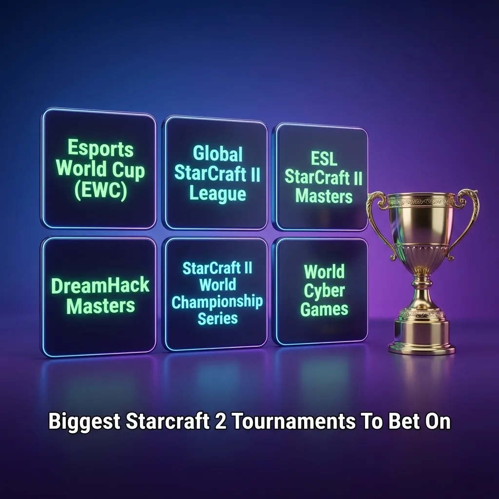 StarCraft II betting graphic showing major tournaments like EWC, GSL, ESL, DreamHack, and regional championships