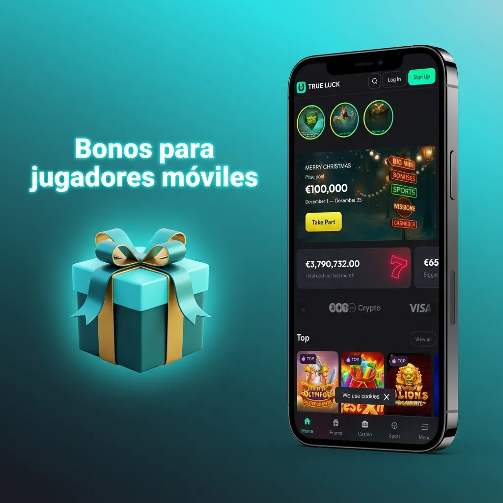 Ilustración de app móvil con bonos de bienvenida, free bets y promociones para casino, slots y apuestas deportivas