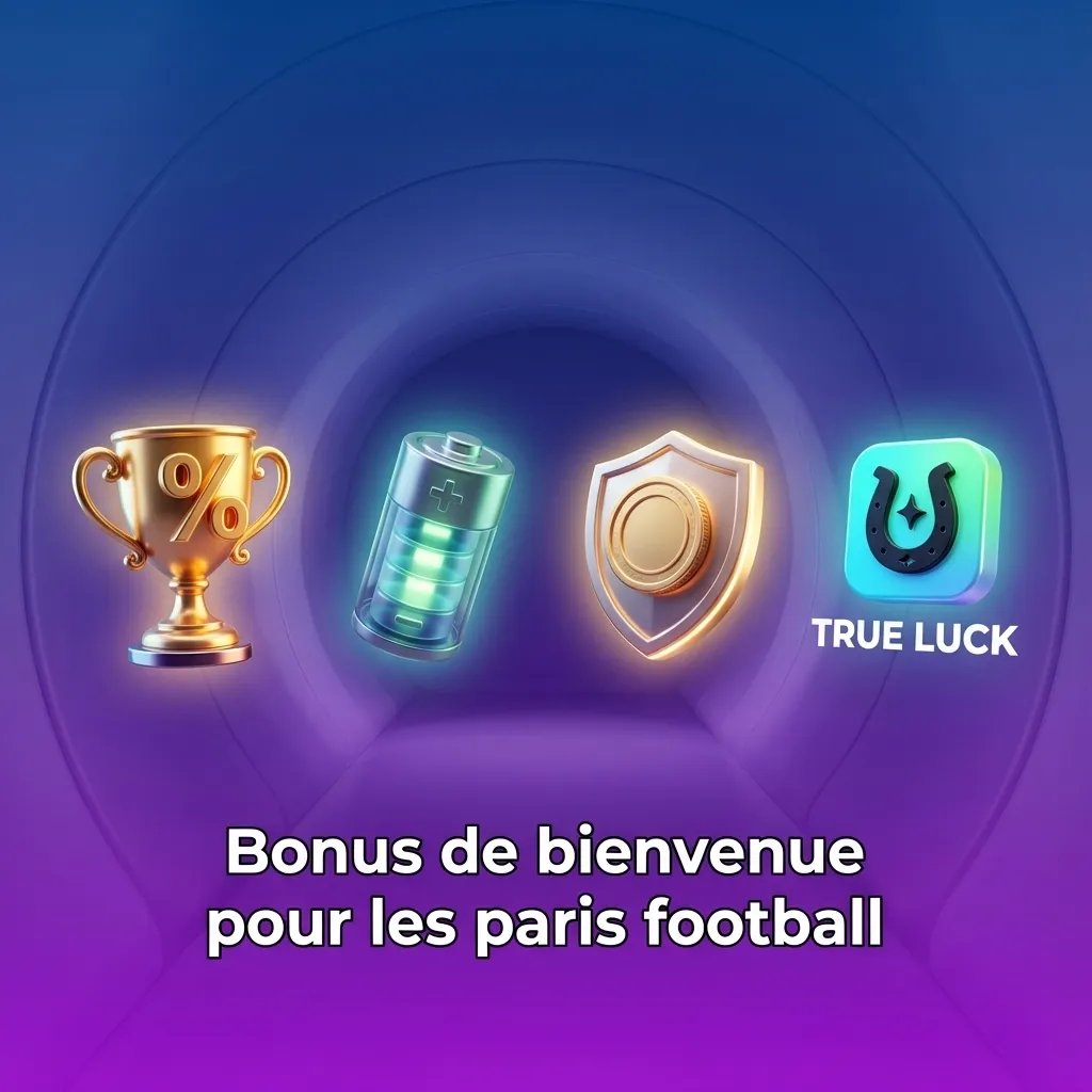 Bannière bonus de bienvenue TrueLuck pour paris football, montrant offres en euros et ballon de foot sur fond de terrain