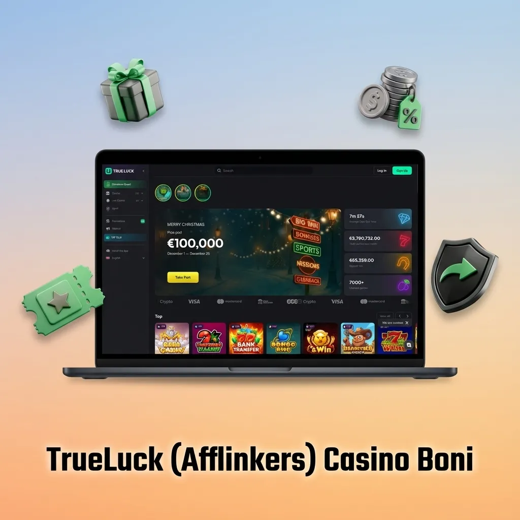 Grafik zu TrueLuck Casino-Boni mit Symbolen für Slots, Freispiele, Reload, Cashback und Turniere