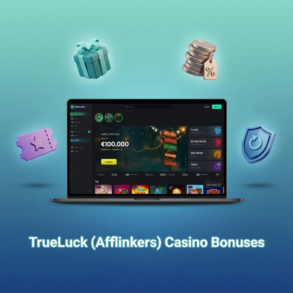 Graphic titled “TrueLuck Casino Bonuses” showing slots welcome package, weekly reload, free spins, and cashback offers.