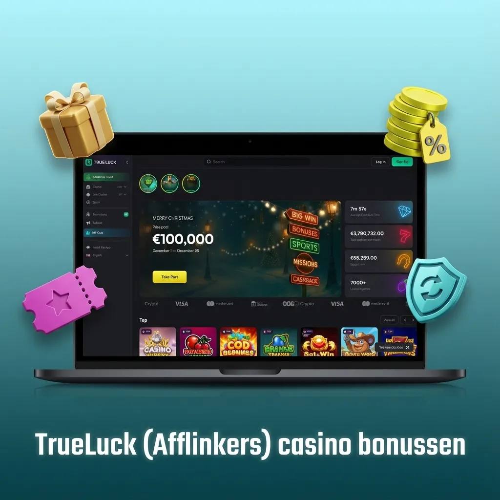 Promobanner voor TrueLuck casino met welkomstbonus, herlaadbonus, cashback en slottoernooien in overzichtelijke blokken