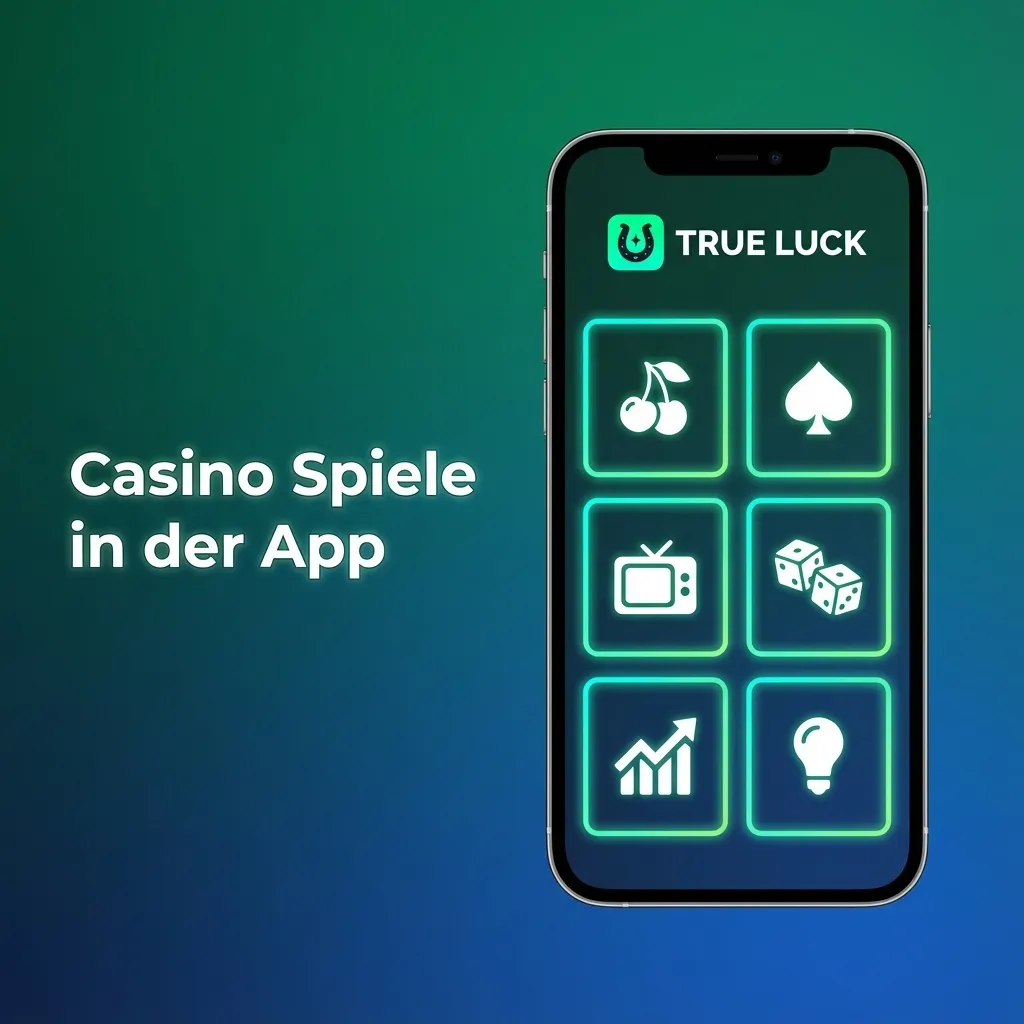 Smartphone mit TrueLuck App-PWA zeigt Casino-Lobby mit Slots, Roulette, Blackjack und Live-Casino-Spielen im Vollbildmodus