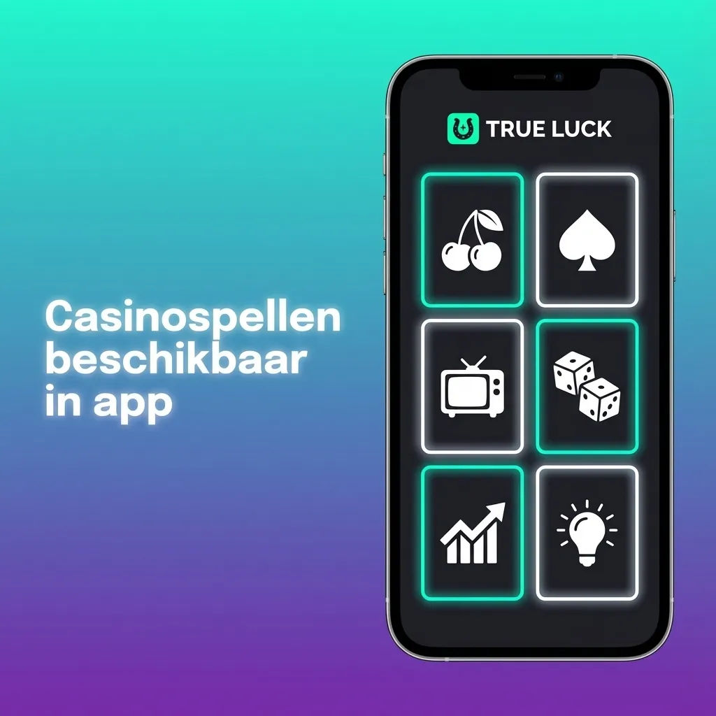 Mobiele TrueLuck casino-app met lijst van beschikbare spellen zoals slots, roulette, blackjack, live shows en video poker.