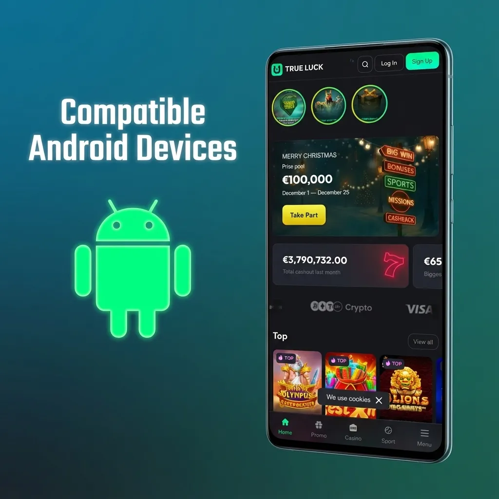 Graphic listing popular compatible Android phones and tablets for the TrueLuck (Afflinkers) betting and casino app.