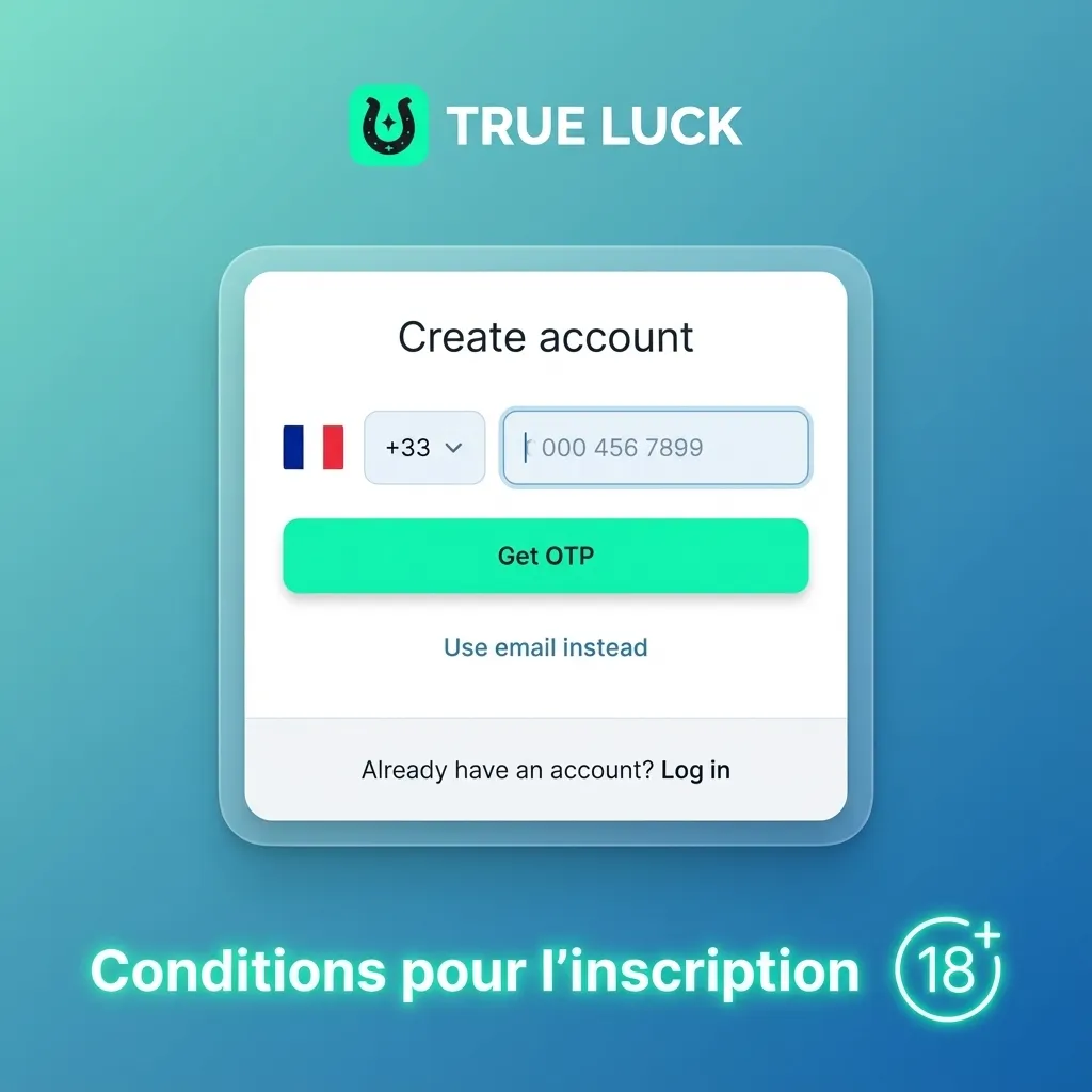 Illustration d’un formulaire d’inscription TrueLuck avec icônes d’identité, pièce d’identité et moyen de paiement sécurisé