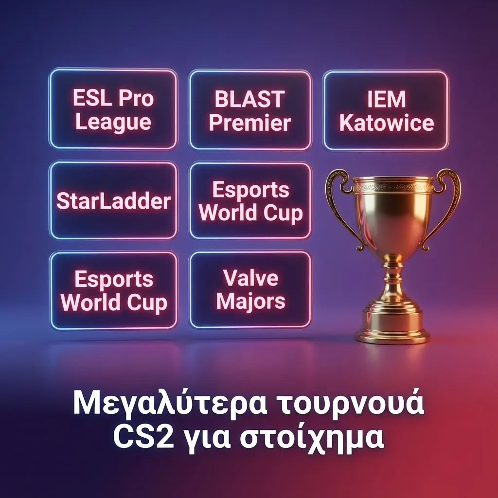 Γήπεδο esports με σκηνή CS2, μεγάλα τουρνουά όπως ESL Pro League, BLAST Premier, IEM και Major banners