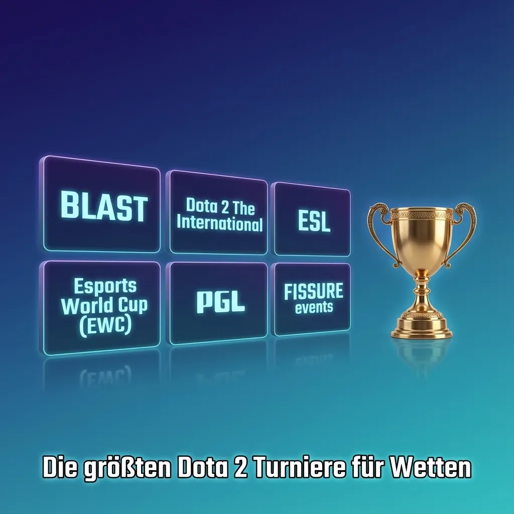 Illustration of major Dota 2 tournaments with logos and betting icons aimed at German esports fans