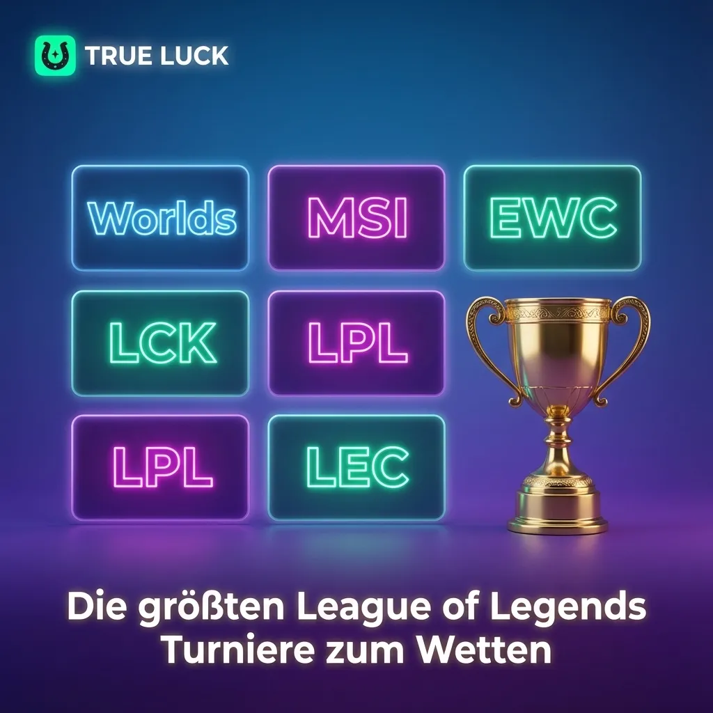 Grafik zu den größten League of Legends Turnieren zum Wetten: Worlds, MSI, EWC, LCK, LPL und LEC