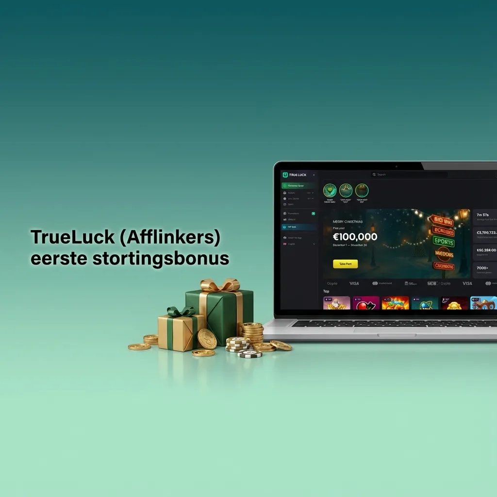 Banner met “TrueLuck eerste stortingsbonus” en iconen voor casino, live casino en sport met bijbehorende bonuspercentages.