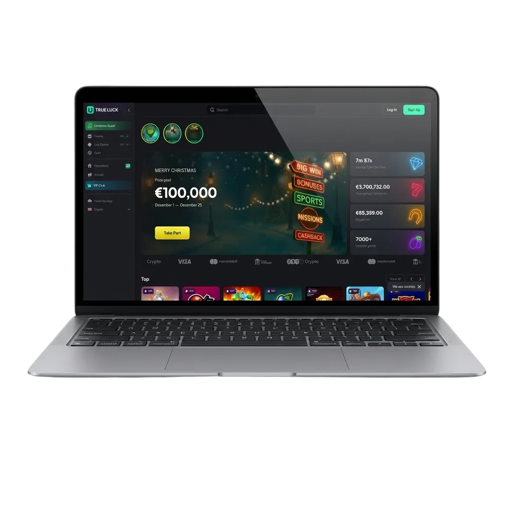 Screenshot der TrueLuck (Afflinkers) Desktop-App mit Sportwetten, Live-Casino, Slots und Tischspielen auf einem PC-Bildschirm