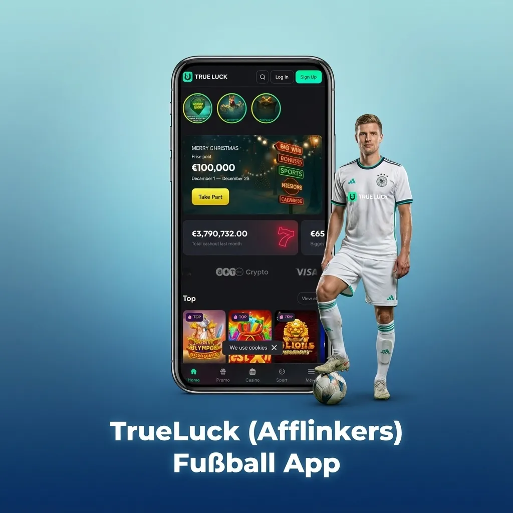 Smartphone-Screenshot der TrueLuck Fußballwetten-App mit Live-Quoten, Wettschein und Kontostand auf dunklem Interface