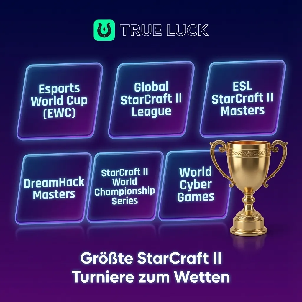 StarCraft II Esports Turnierübersicht mit Logos und Wettoptionen bei TrueLuck für EWC, GSL, ESL Masters und DreamHack
