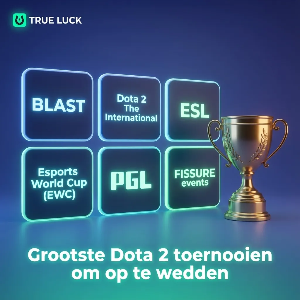Illustratie van Dota 2 esports toernooien met logo’s en odds voor wedden bij TrueLuck