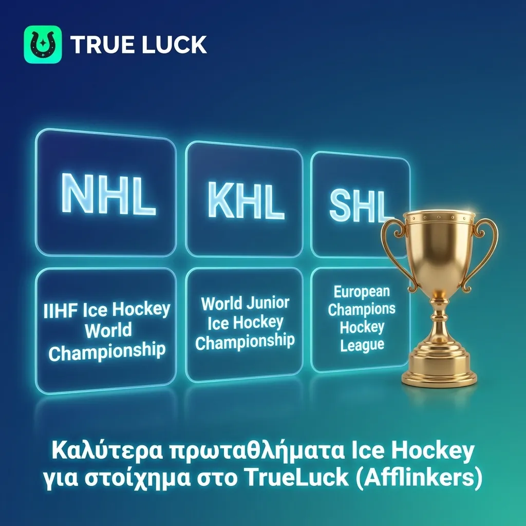 Πάγος χόκεϊ με παίκτες σε δράση, σημαίες NHL, KHL, SHL, Liiga, Extraliga και διεθνών τουρνουά, φόντο TrueLuck.