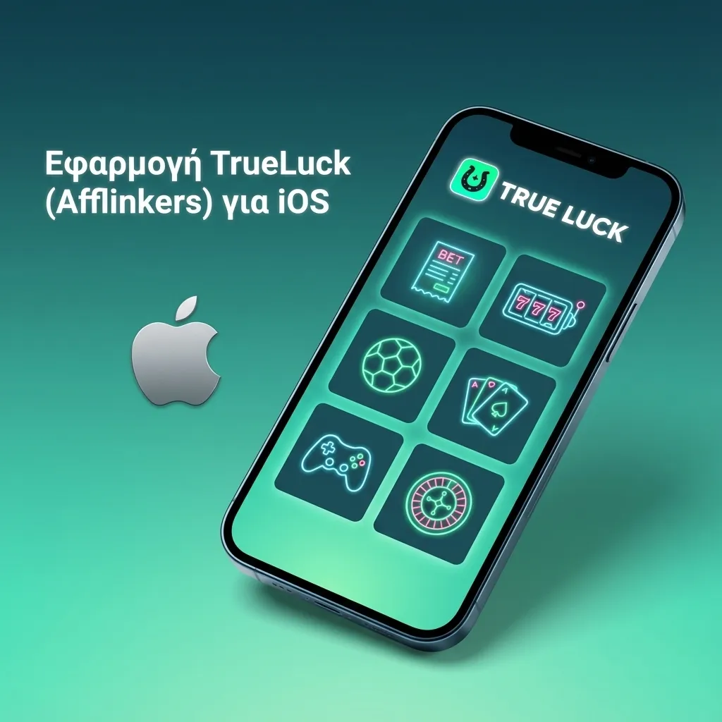 Οθόνη iPhone με την εφαρμογή TrueLuck (Afflinkers) για iOS, με εικονίδια αθλητικού στοιχήματος και live καζίνο.