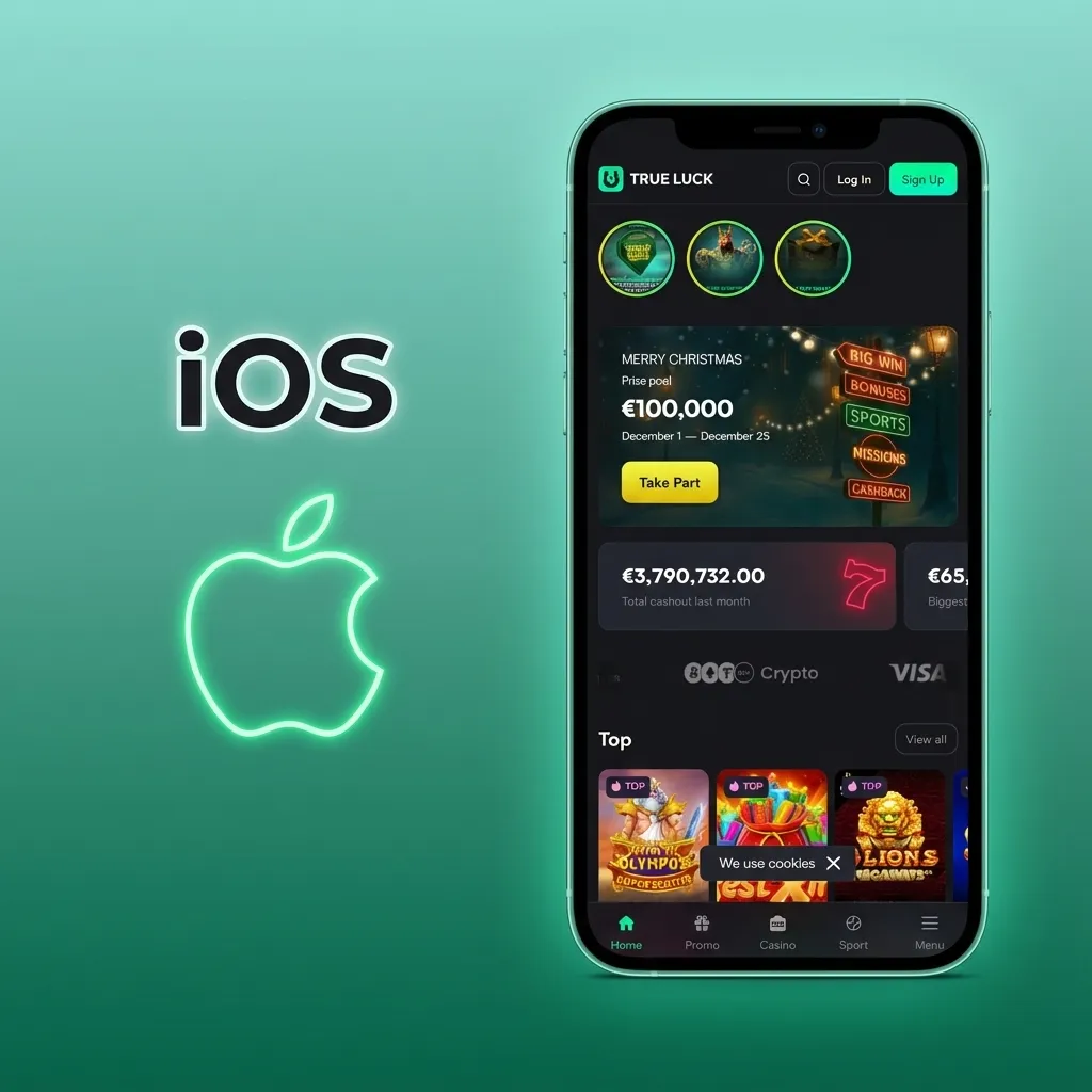Illustration of an iPhone showing the TrueLuck website and a “Zum Home-Bildschirm” shortcut being added in iOS Safari