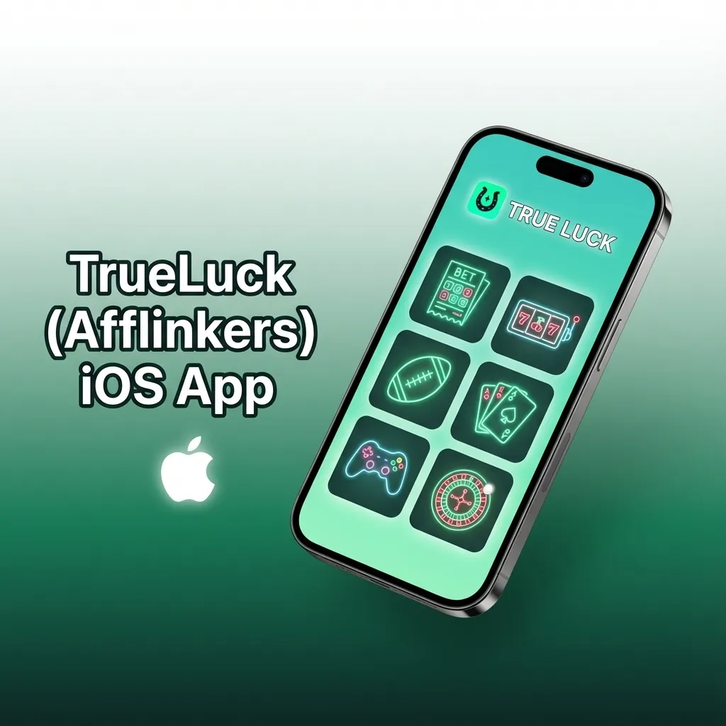 TrueLuck (Afflinkers) iOS app interface on iPhone, showing sports betting, casino, payments, and support menu options