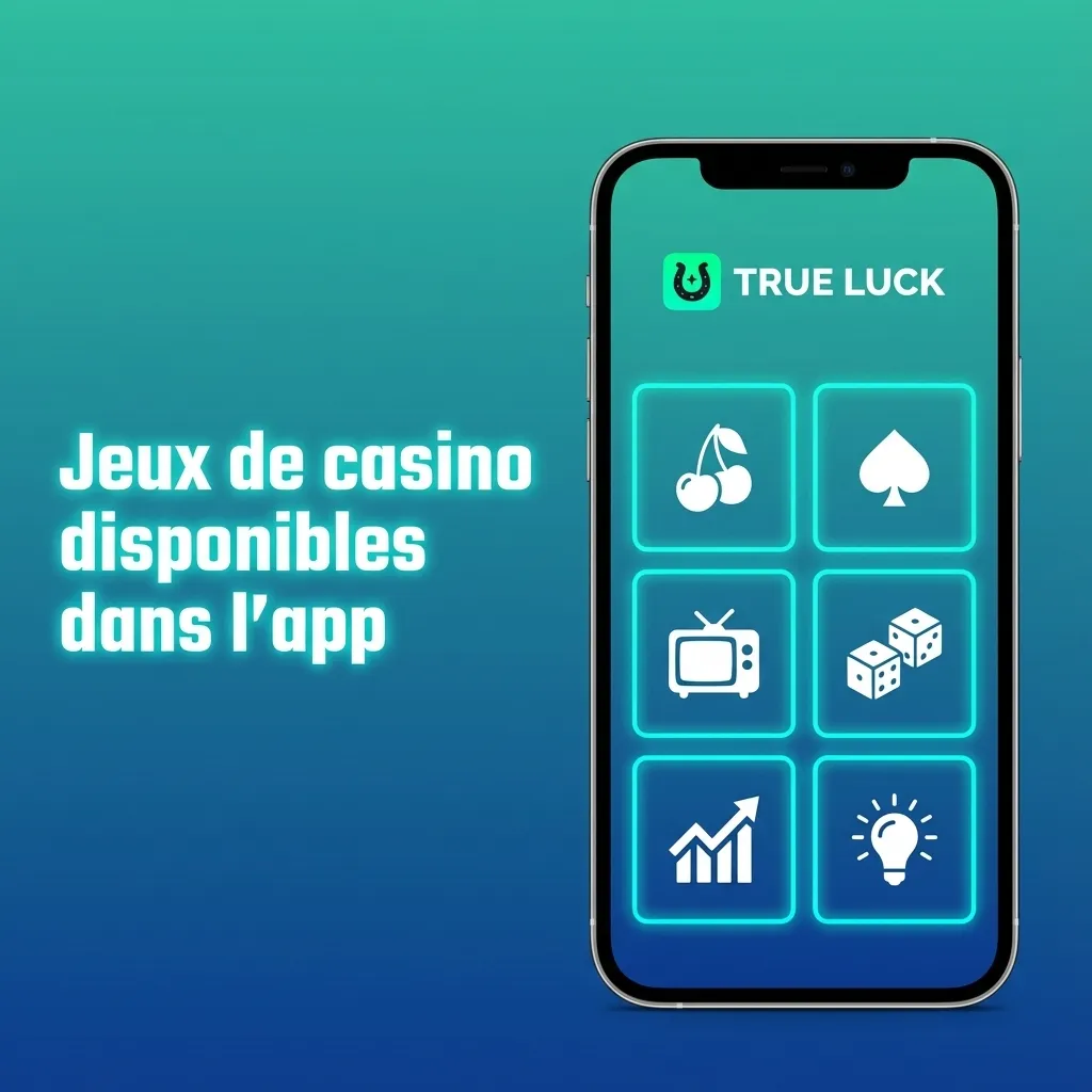Écran d’app TrueLuck montrant diverses catégories de jeux de casino mobiles : slots, table, jackpots, live et mini-jeux