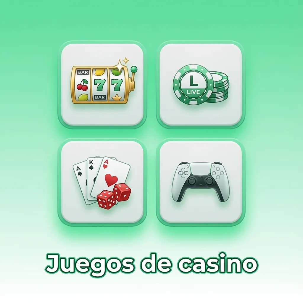 Interfaz de casino online con slots, ruleta, blackjack, baccarat, vídeo póker y mesas en vivo con crupieres profesionales