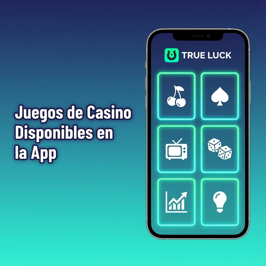 Pantalla de la app TrueLuck mostrando lista de juegos de casino: slots, ruleta, blackjack, baccarat y game shows en vivo