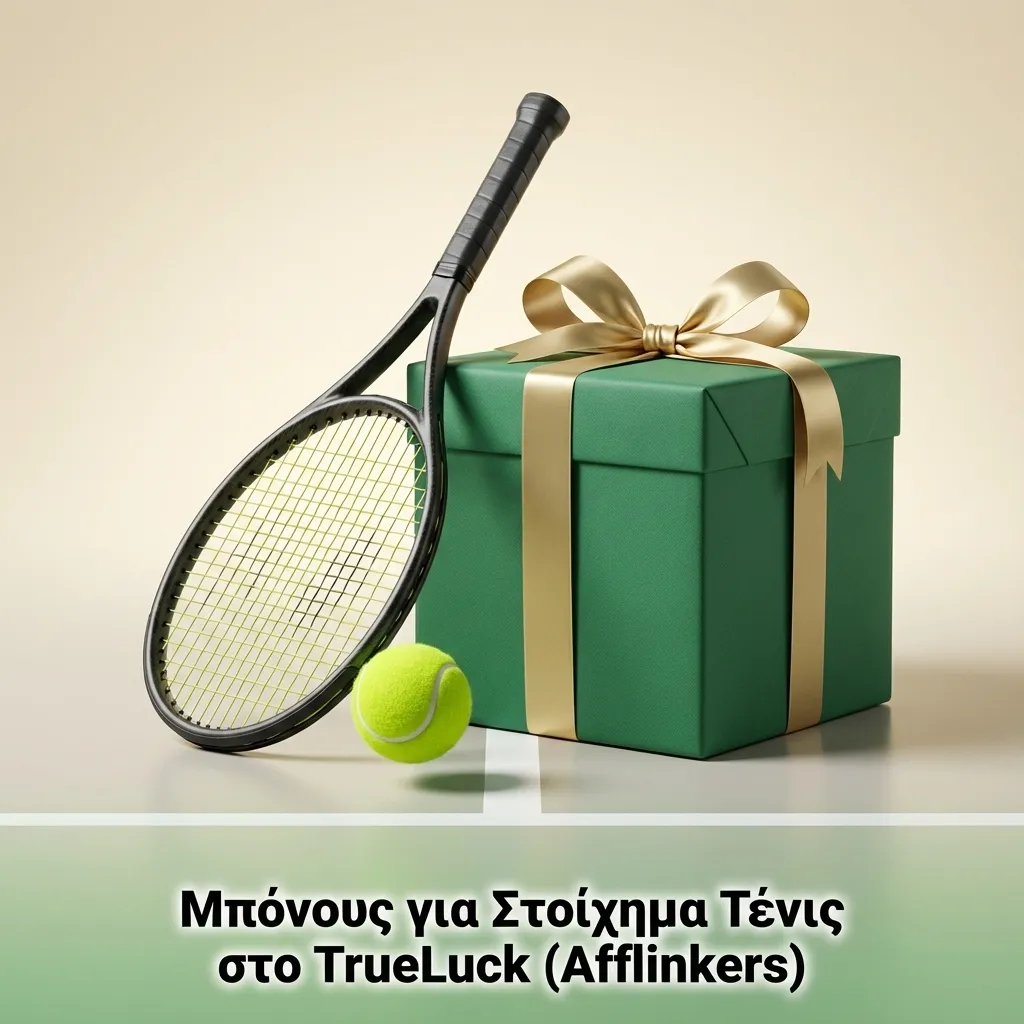Πράσινο banner TrueLuck Tennis Betting με ρακέτες, μπάλες και bullets για κάλυψη, αγορές, live odds, cash out και mobile χρήσεις