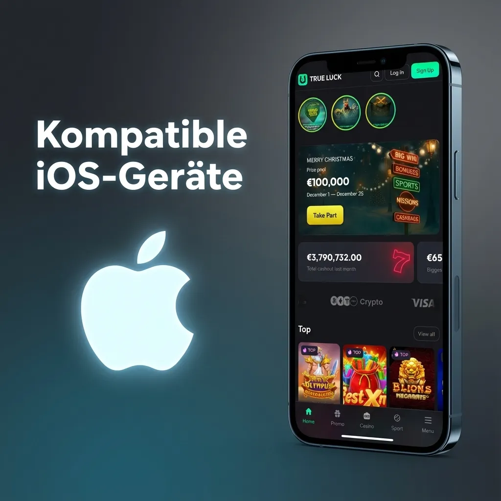 Grafik mit Liste kompatibler iOS-Geräte für die TrueLuck App: iPhone X–15 Reihen und iPads ab 6. Generation