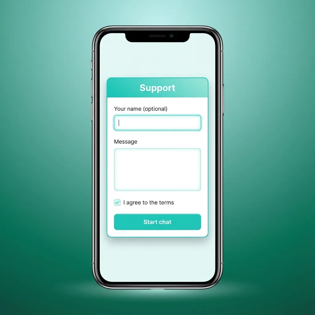 Illustration einer TrueLuck App mit Kundensupport-Optionen: Live-Chat, E-Mail und FAQ-Bereich auf dem Smartphone