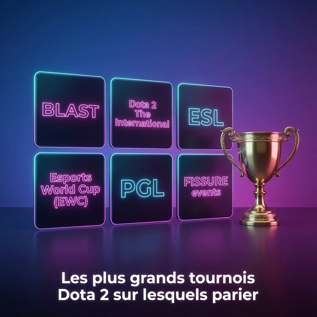Montage d’affiches de grands tournois Dota 2 (TI, ESL, BLAST) avec overlays de cotes et paris esports