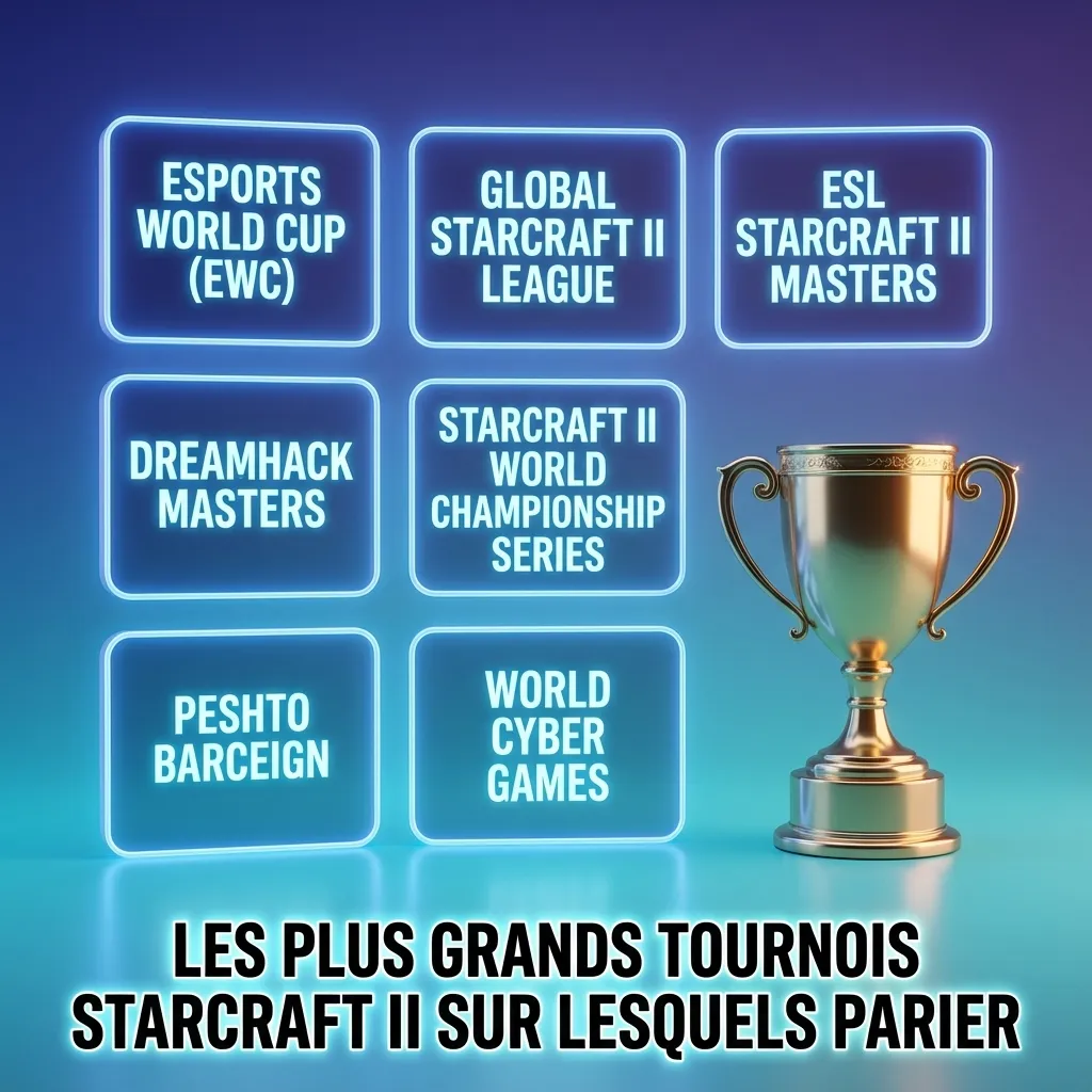Illustration StarCraft II esport : écran de match pro avec interface de paris sportifs et logos de grands tournois